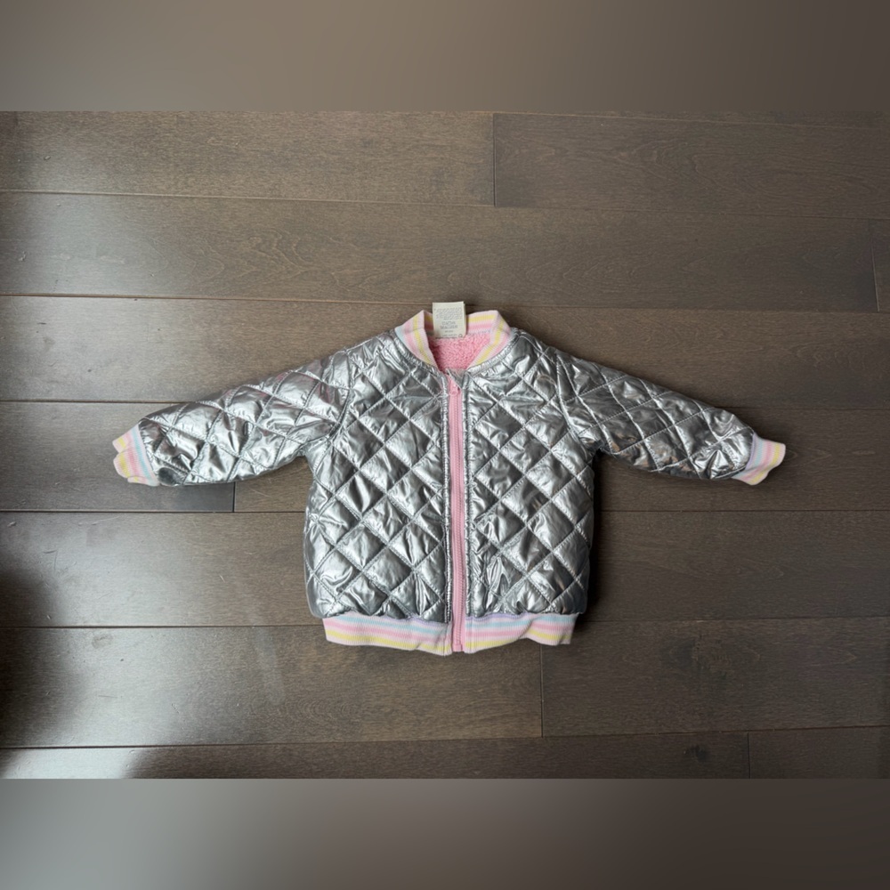 First Impressions Silver Quilted Puffer Jacket with Pink Trim